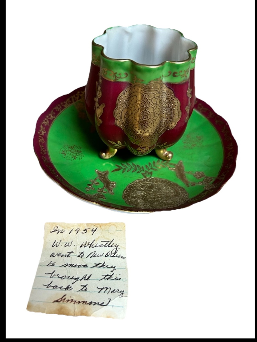 Vintage Beckwith China Demitasse Cup And Saucer With Note From Owner 1954